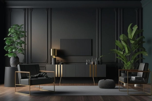 A mockup of a modern luxury living room interior with black walls suitable as a background or interior design inspiration AI