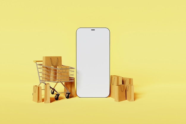 노란색 배경으로 주위에 쇼핑 카트 및 골판지 가방과 함께 현대 휴대 전화의 모형