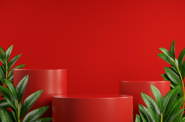 Mockup display rosso moderno, rendering 3d di sfondo di piante tropicali