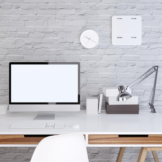 Mockup monitorscherm in een witte kamer hipster stijl 3D render