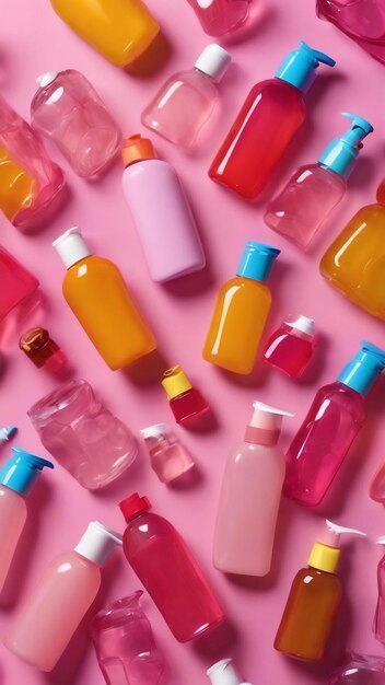 Mockup multicolored plastic bottles with shower gel shampoo for children and adults on a pink backgr