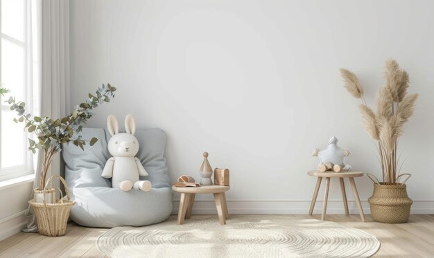 Mockup muur in de kinderkamer op witte achtergrond Scandinavische stijl kinderkamer