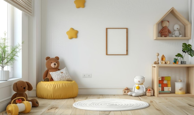 Mockup muur in de kinderkamer op witte achtergrond Scandinavische stijl kinderkamer