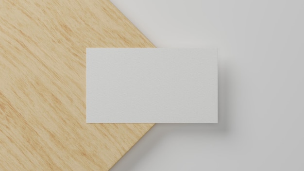 Mockup name card, blank business card over minimal wood and white material background. 3d rendering, 3d illustration