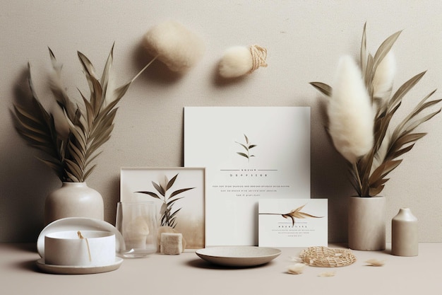 Mockup of natural cosmetic products in front of beige wall