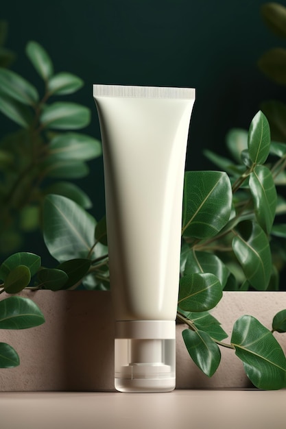 Mockup of natural cosmetic tube with cream on green leaves background