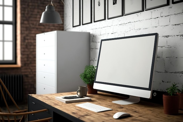 Foto mockup-notebook met een posterscherm op het bureaublad interieur van een bureau met een mockup-scherm in het loft-ontwerp