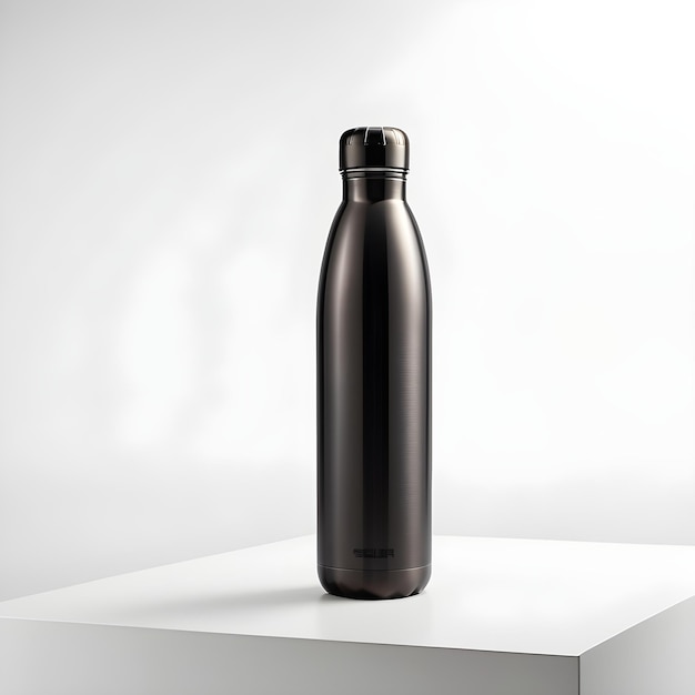 写真 白い背景の黒いプラスチックボトルのモックアップ