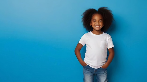 写真 白い壁に白いtシャツを着た黒い肌の女の子のモックアップ 笑顔の子供のコピースペース