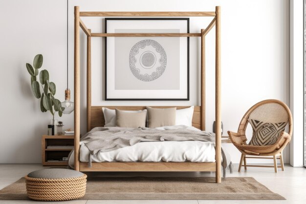 사진 흰색 배경에 등나무 침대가 있는 소박한 침실의 프레임 모형