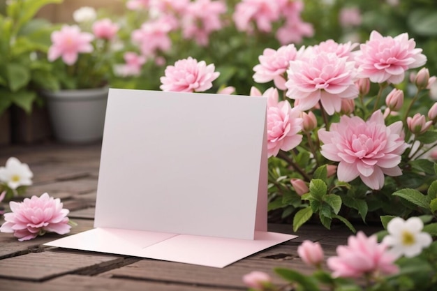 Фото Мокет поздравительной открытки или свадебного приглашения в цветущем саду вблизи