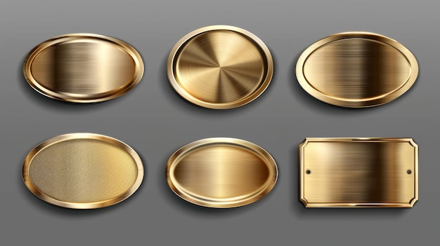 写真 透明な背景の丸い<unk>円と長方形のフレームで,名前のプレート,金属の識別バッジを含む金または青銅のプレートのモックアップ