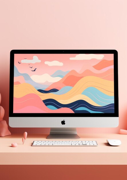 写真 簡単なパステル カラーの作業場所のイラストを使用した pc のモックアップ generative ai
