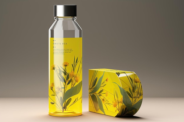 Mockup of Olive oil bottle with herbs and flowers 3D illustration