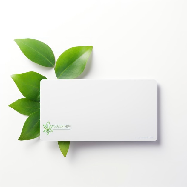 Mockup op witte achtergrond van een witte plastic kaart met een klein groen blad