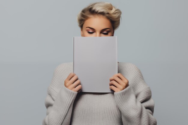 Photo mockup of open magazine held by model with grey background