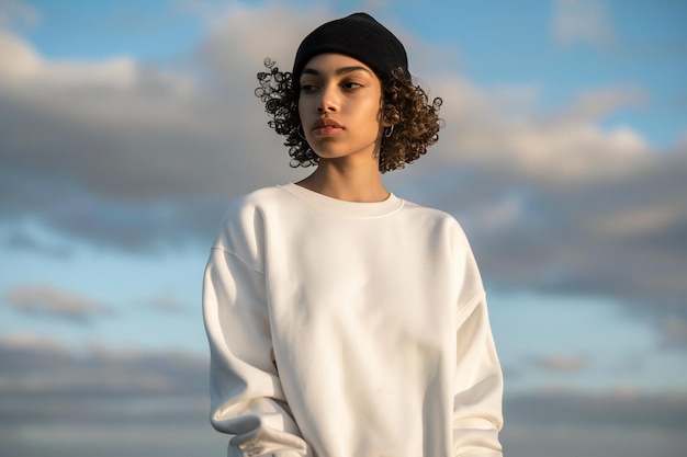 a mockup of an oversized white sweatshirt with no wrinkles worn