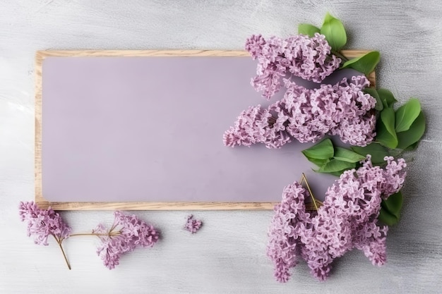 Mockup paper with wooden frame with flower flower arrangement over a texturated layflat