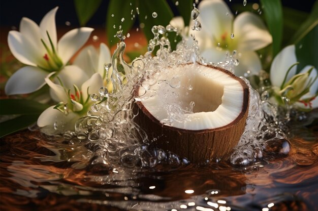 Mockup paradise coconuts water splash set the stage for beauty skincare presentation