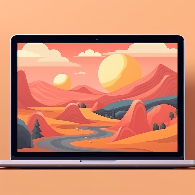 Mockup of PC laptop screen contain an illustration light color pastel landing page Generative ai