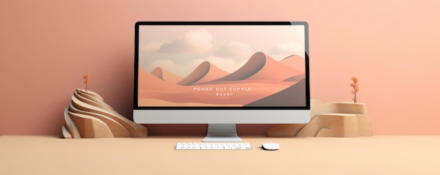 Photo mockup of pc laptop screen contain an illustration light color pastel landing page generative ai