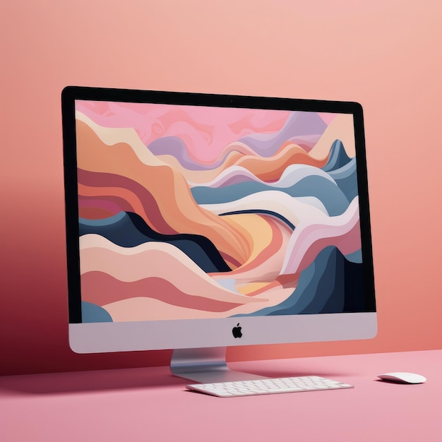 Photo mockup of pc laptop screen contain an illustration light color pastel landing page generative ai