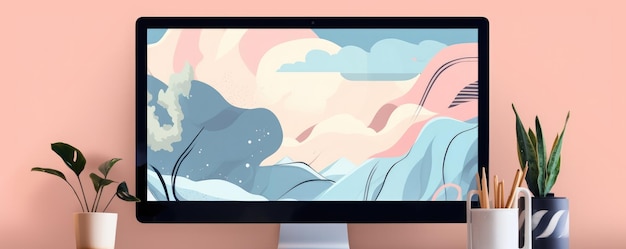Photo mockup of pc or laptop screen contain an mountains illustration landing page generative ai