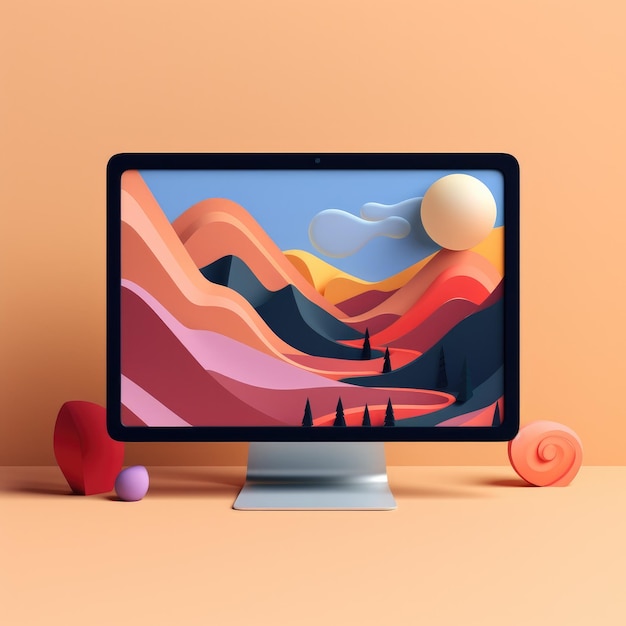 Mockup of PC or laptop screen contain an mountains illustration landing page Generative ai