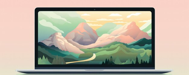 Photo mockup of pc with illustration in easy pastel colors panorama work place generative ai