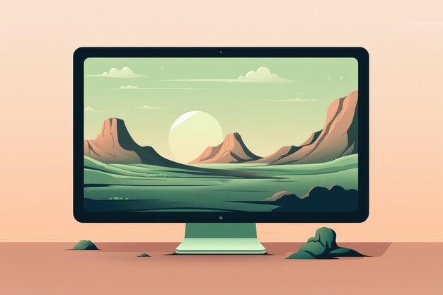 Photo mockup of pc with illustration in easy pastel colors working place generative ai