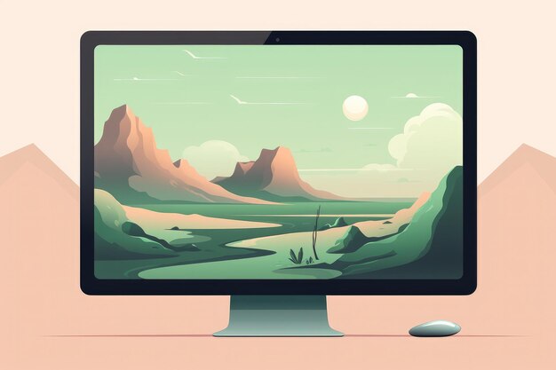 Foto mockup di pc con illustrazione in semplici colori pastello posto di lavoro generativo ai