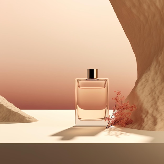 Foto modello di bottiglia di profumo in una scena minimalista