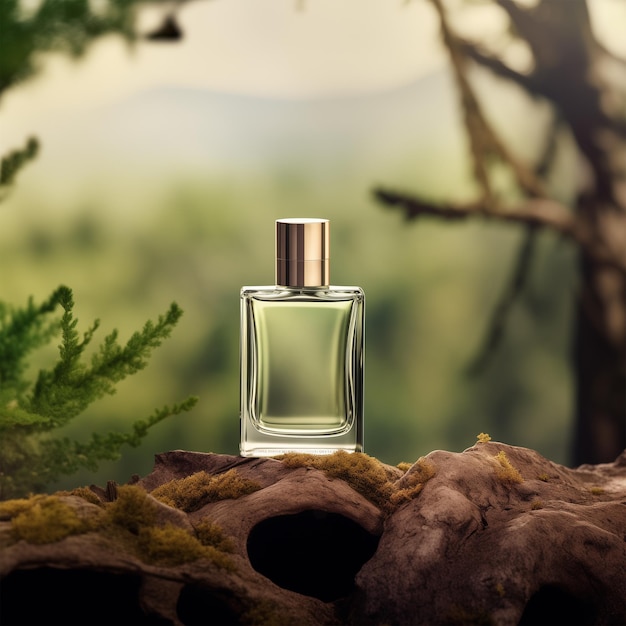 Photo mockup perfume bottle packaging on stone with tree background