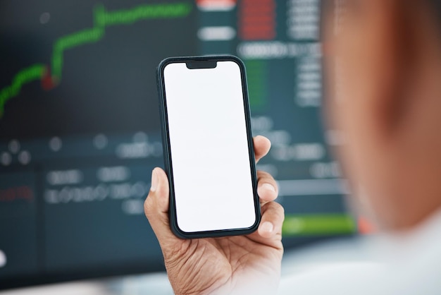 Mockup phone screen person hands or stock market results graphic or financial economy feedback trading news or report Closeup cellphone invest or trader reading finance income revenue or profit