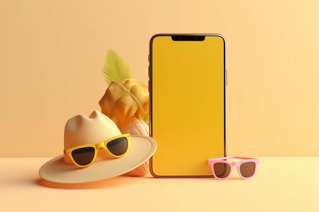 Mockup Phone Summer Holiday Concept Yellow Background 3D Rendering