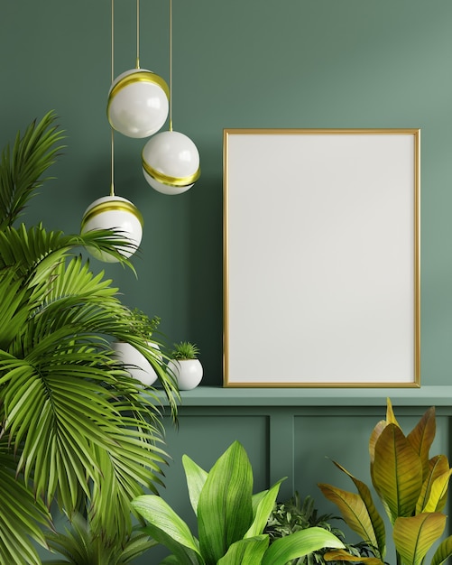 Mockup photo frame on the green shelf with beautiful plants. 3D Rendering