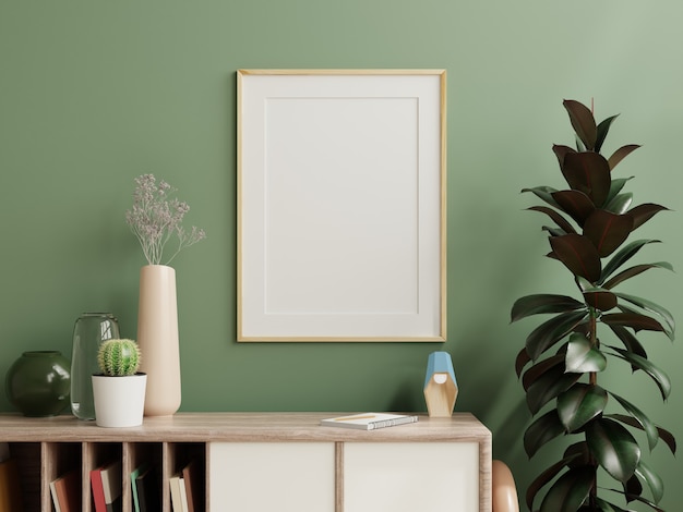 Мокап фоторамки зеленой стены на деревянном шкафу с красивыми растениями, 3d рендеринг