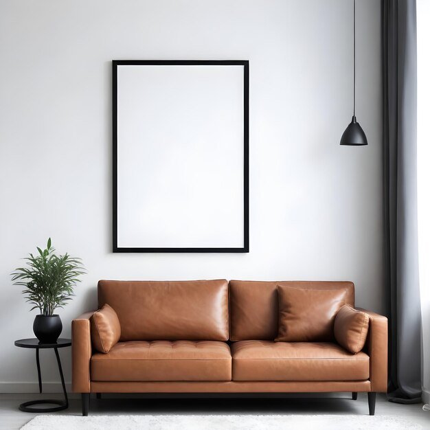 Фото Мокет фотокадра на стене с минималистским интерьером гостиной с кожаным диваном и аксессуарами в