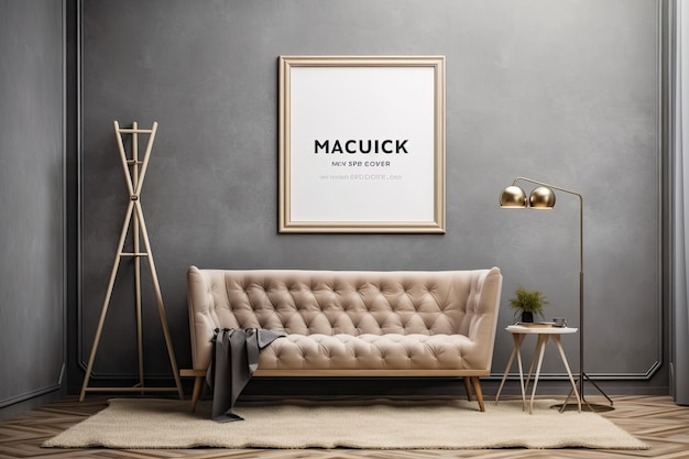 A mockup photo frame on a stunning wall in the gallery or lobby of a luxury building decorated with natural materials and a scandinavian atmosphere