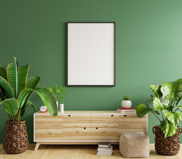 Photo mockup photo frame on the wooden cabinet with green wall,3d rendering