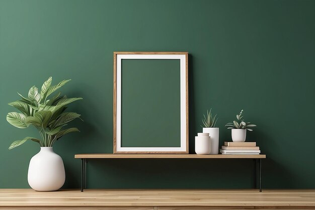 Mockup photo frame on the wooden cabinet with green wall3d rendering