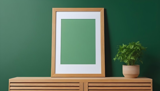 Mockup photo frame wooden slat green wall mounted on the wooden cabinet
