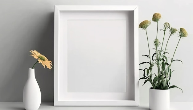 Mockup of picture frame decorated with spring flowers clean space for text on white background