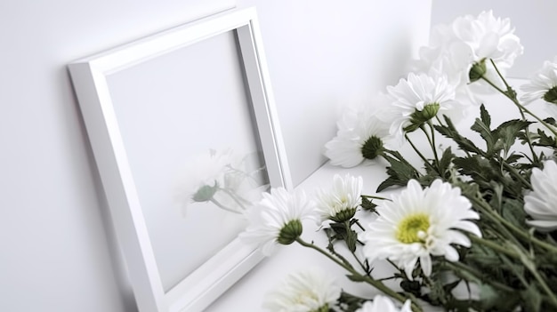 흰색 배경에 텍스트를 위한 봄 꽃 깨끗한 공간으로 장식된 액자 모형