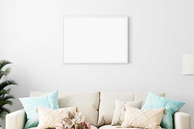 Mockup picture frame on a wall with a bouquet of flowers on it