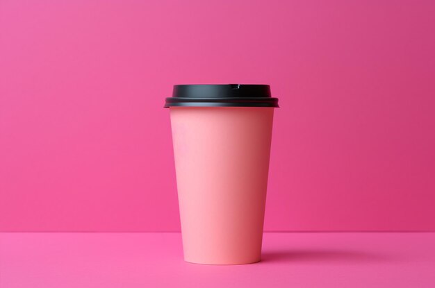Mockup of a pink togo coffee glass with a black lid on a pink background Barbicore