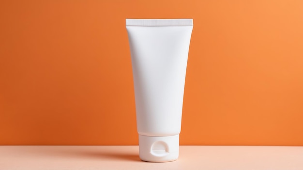 mockup of a plain white cosmetic tube on an orange background for beauty product design