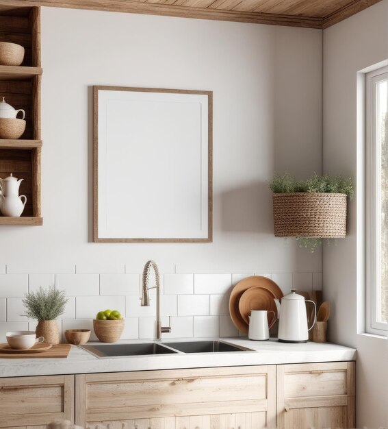 Mockup of a plain white frame in the interior of a nomadic boho kitchen with rustic decor 3d rendering