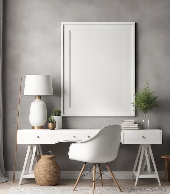 Mockup of a plain white frame in a study interior with rustic decor 3d rendering