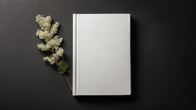 Mockup of plain white hard cover book with decorative plants on plain black background